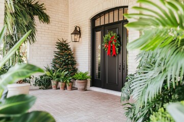 elegant front door decorated for the holidays, framed by lush greenery and small potted Christmas trees