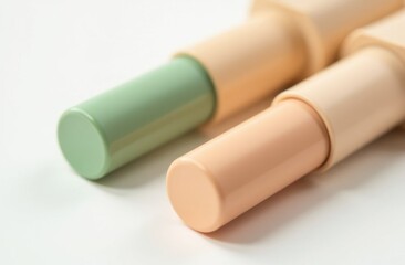 Green and Beige Concealers: Stylish Lipstick-Style Tubes on Pure White Background Showcasing Creamy Texture for Flawless Makeup