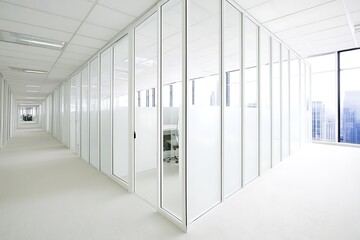 Modern Minimalistic Concrete Coworking Office room with Blank Walls, High Ceilings,and Mockup Frame