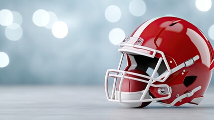 Fototapeta premium A football helmet and ball rest on the field, surrounded by enthusiastic fans in a stadium, conveying the energy and passion of American football