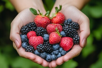 Woman holding fresh raspberries blackberries and strawberries in her hands symbolizing healthy snacking antioxidant benefits and natural fruit goodness