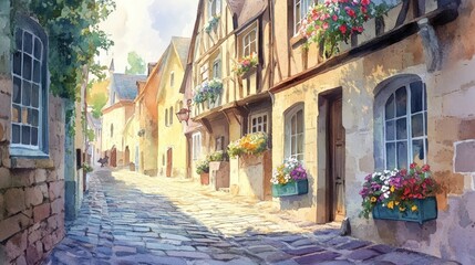 Fototapeta premium A charming cobblestone street lined with colorful flowers and quaint buildings.