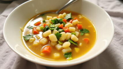 A bowl of creamy soup garnished with fresh herbs and carrots.