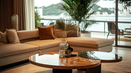 Fototapeta premium high-quality furniture design showroom, elegantly displayed pieces, ambient luxurious, focus on craftsmanship and excellence in design,