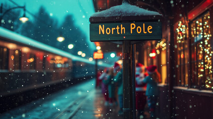 North Pole Train station with Christmas Santa express train awaiting for children, snowing outside with steam, Christmas lights and spirits, beautiful night, full of joy, magical moment, xmas holidays