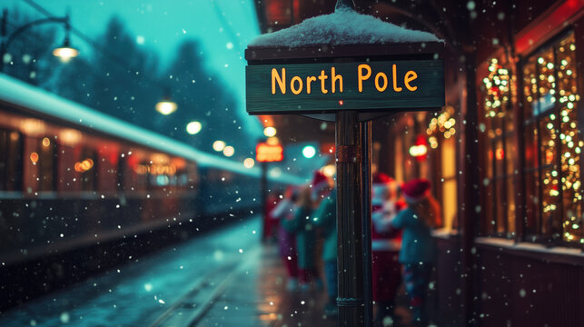 North Pole Train station with Christmas Santa express train awaiting for children, snowing outside with steam, Christmas lights and spirits, beautiful night, full of joy, magical moment, xmas holidays
