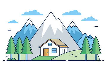 Charming Line Drawing of a Mountain Landscape Featuring a Cozy Cabin and Lush Trees