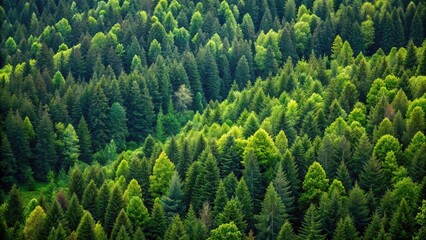 Obraz premium Minimalist hillside of dense mixed forest of green coniferous and deciduous trees