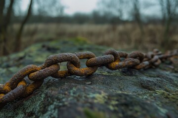 A rusty chain rests on a mossy rock in a serene landscape. Nature embraces decay in this artistic shot. Perfect for textures and storytelling visuals. Generative AI