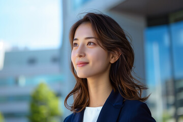 Fototapeta premium 青空に映えるネイビースーツのビジネスウーマン