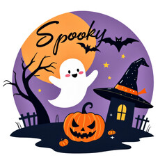 Fototapeta premium Spooky Halloween Night Illustration with Ghost, Pumpkin, and Witch Hat