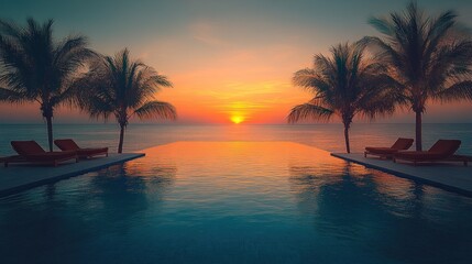 Sunset view over an infinity pool with palm trees.