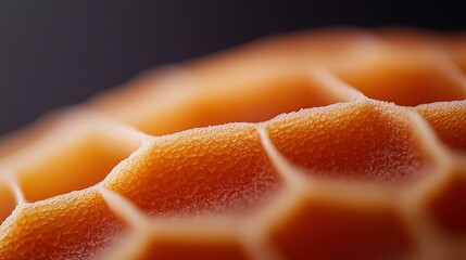   A close-up photo of a honeycomb, featuring dewdrops on both its upper and lower surfaces