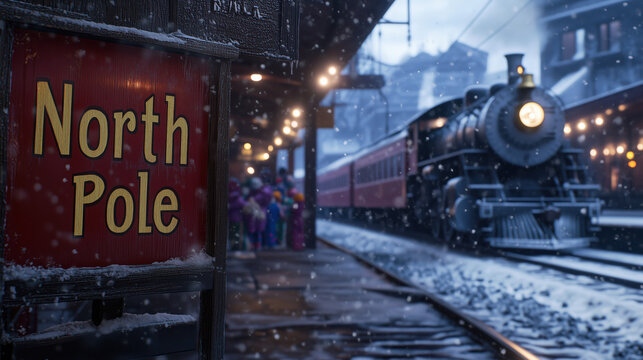 North Pole Train station with Christmas Santa express train awaiting for children, snowing outside with steam, Christmas lights and spirits, beautiful night, full of joy, magical moment, xmas holidays