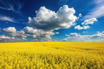 Obraz premium Minimalist rapeseed field with blue sky and white clouds horizon