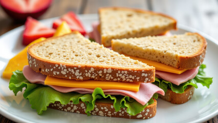Sliced sandwich with ham, cheese, and lettuce on a white plate.