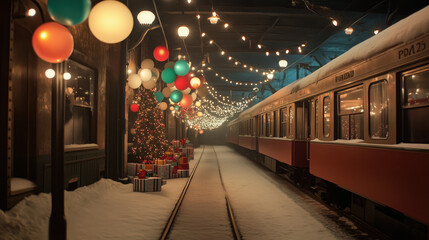 North Pole Train station with Christmas Santa express train awaiting for children, snowing outside with steam, Christmas lights and spirits, beautiful night, full of joy, magical moment, xmas holidays
