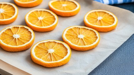 Fototapeta premium A collection of dried orange slices sits beautifully on parchment paper in the oven, highlighting the art of food preservation and enhancing flavors