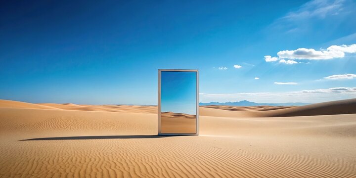 Minimalist surreal desert landscape with mirror rectangle and blue sky abstract background
