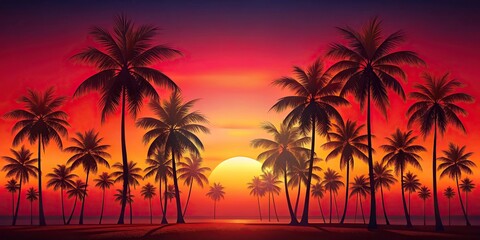 Minimalist tropical summer background with palm trees and sunset on red background