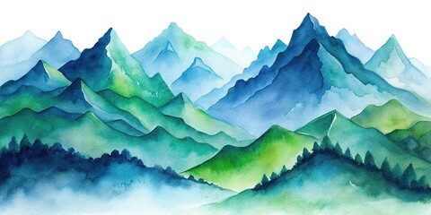 Fototapeta premium Minimalist watercolor painting of mountain landscape with peaks and valleys in blue and green