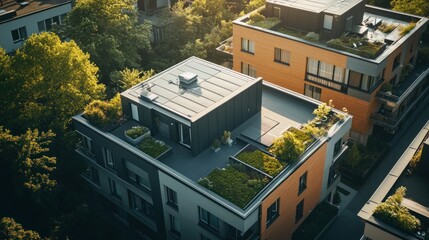 Fototapeta premium Aerial view of modern buildings with green roofs and surrounding trees.