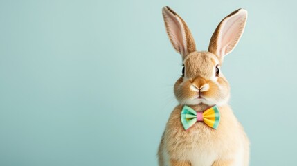 Obraz premium A cute rabbit wearing a colorful bow tie poses against a light blue background, exuding a playful and charming vibe.