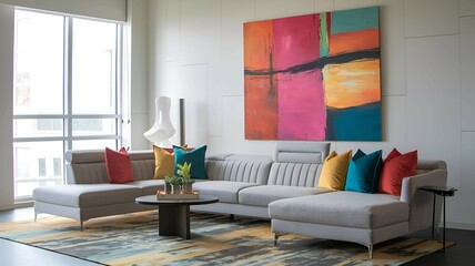 Modern Living Room with Gray Sectional Sofa and Colorful Abstract Art