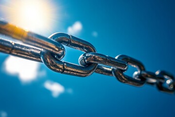 A close-up view of a shiny metal chain against a vivid blue sky. The bright sunlight enhances the metallic texture. Perfect for backgrounds or industrial themes. Generative AI