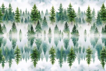 Fototapeta premium Misty conifer forest mirrored in river watercolor pattern