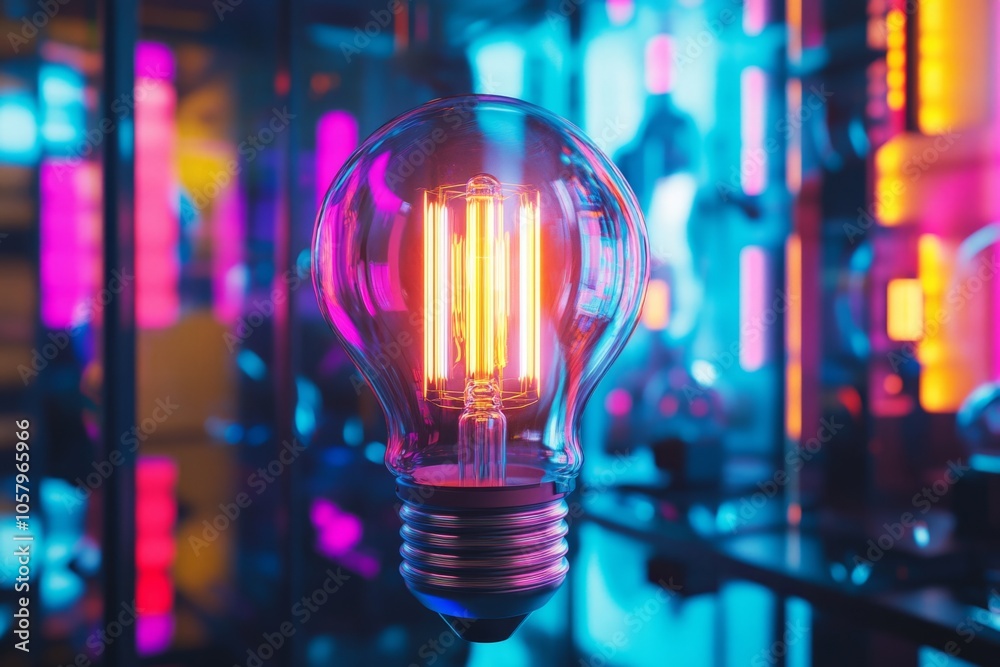 Sticker a glowing light bulb shines in vibrant colors. the background features bright neon lights creating a