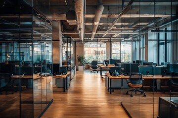 Fototapeta premium Modern Minimalistic Concrete Coworking Office room with Blank Walls, High Ceilings,and Mockup Frame