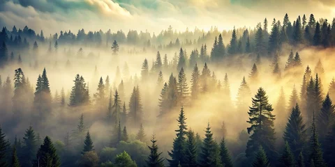Misty landscape with pine forest in vintage retro style