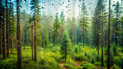 Fototapeta premium Misty rainy forest viewed through wet window glass with shallow depth of field