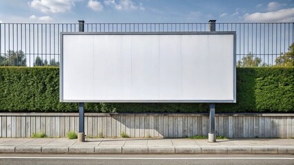 Obraz premium Mockup of asymmetrical blank white horizontal billboard on gray fence in street