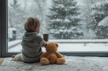 Toddler And Bear Watching Winter Snow Fall