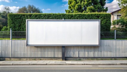 Mockup of blank white horizontal billboard on gray fence in the street