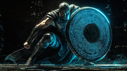 Futuristic warrior kneeling in armor, wielding a glowing shield with cyber patterns in a dark cityscape