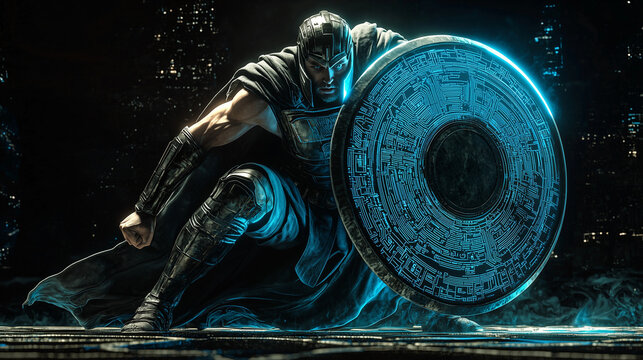 Futuristic warrior kneeling in armor, wielding a glowing shield with cyber patterns in a dark cityscape
