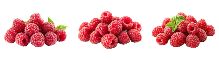 Set, collection of Ripe raspberries in a cluster isolated on transparent background