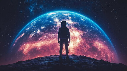 astronaut stands on the moon's surface, gazing at the Earth suspended in space. This image symbolizes exploration, human curiosity, and the vastness of the universe, inspiring awe