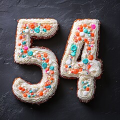 Cake shaped like number 54 on dark background	