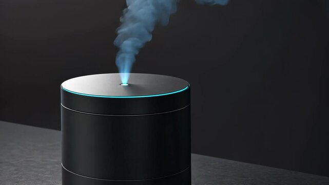 A black essential oil diffuser emits a stream of vapor into the air