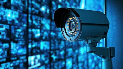 A security camera is mounted on a wall, with a blurred image of a security monitor in the background - Powered by Adobe