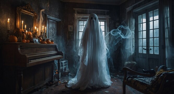 Ghostly Piano Serenade: An ethereal ghost figure in a flowing white sheet stands in an antique room, near an old piano, creating an eerie yet captivating Halloween scene.