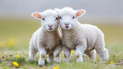 Obraz premium Two adorable white lambs standing close together in a field of green grass and yellow flowers.