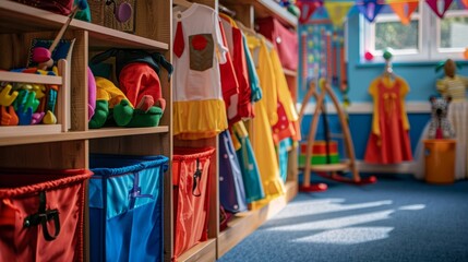 A dressup area with costumes and props for children to engage in imaginative and dramatic play.