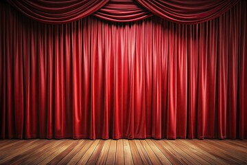 Luxury red velvet curtain backdrop on stage with wooden floor in blur focus