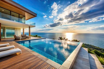 Fototapeta premium Luxury villa with infinity pool overlooking ocean scenery