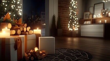 This cozy room exudes warmth with its electric fireplace and candles, complemented by a geometric black rug and wooden shelves against a brick wall, creating a welcoming atmosphere